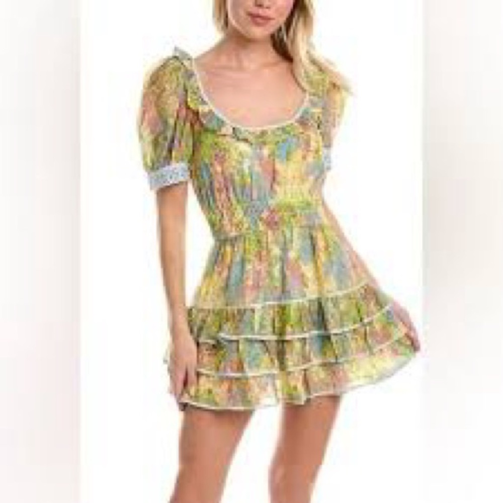 LoveShackFancy Green and Orange Ruffled Mini Dress